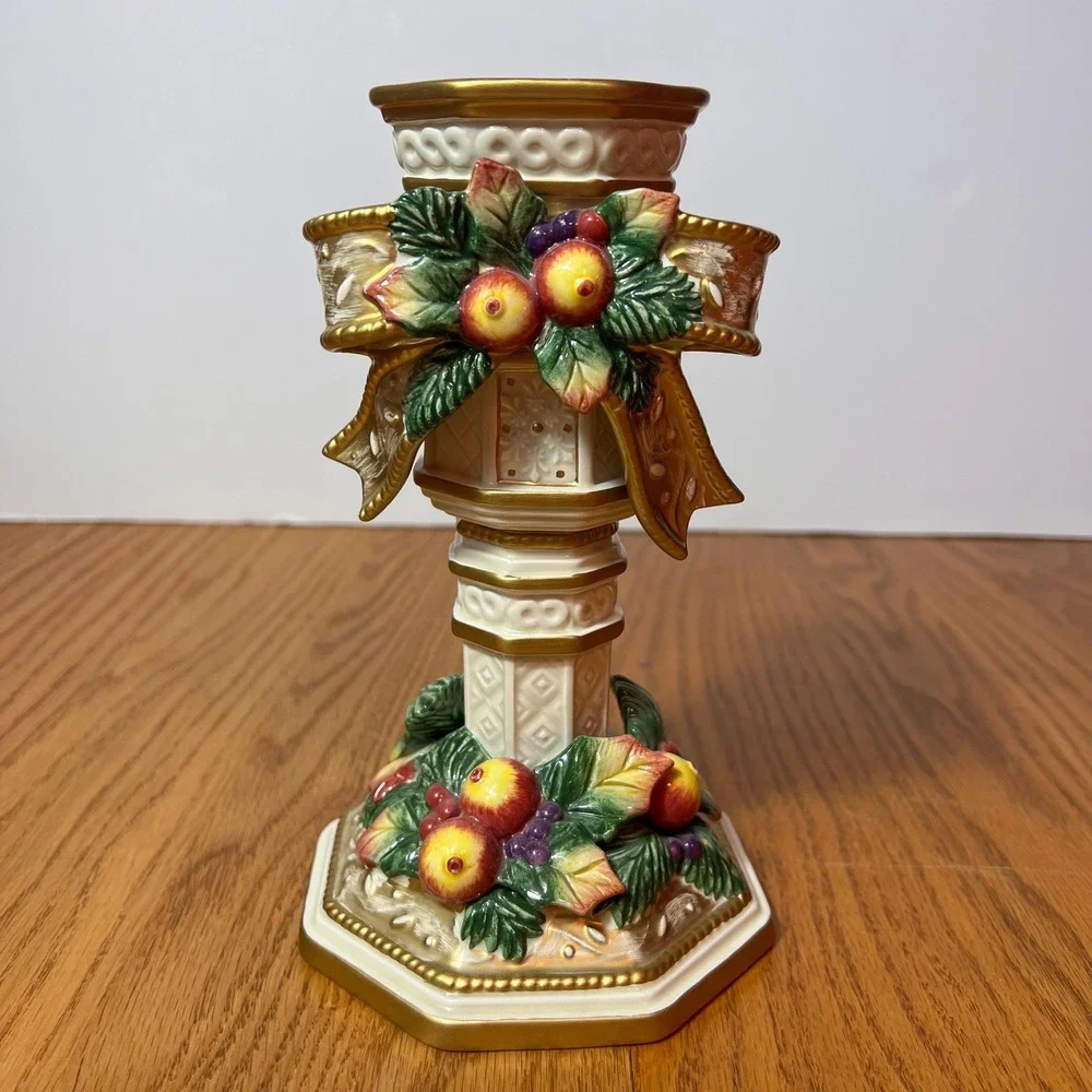 Vintage Fitz & Floyd Classics Christmas Taper Candle Holder Holly Fruit Gold 10